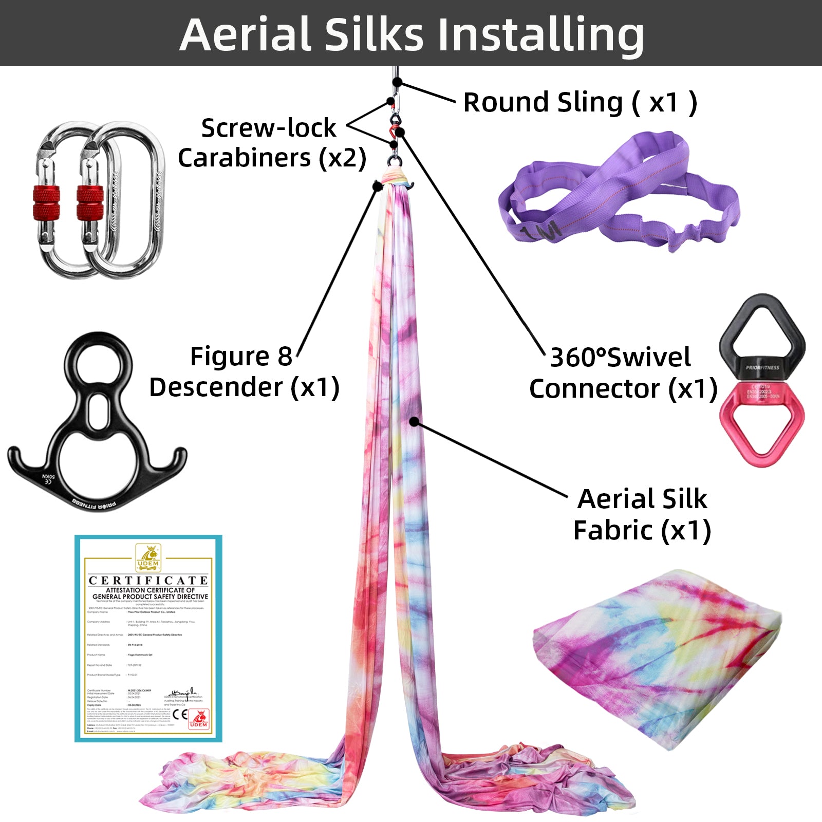 High Quality 12*2.8M ( 13.1*3 yards) Gradient Color 40D 100% Nylon  Aerial Silk Kit Including 1 PC Swivel, 1 PC Figure 8, 1 PC Daisy Chain, 2 PCS Carabiners