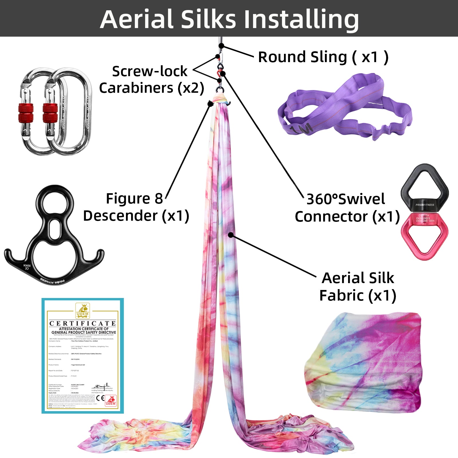 Premium 20*2.8M (21.9*3 yards) Gradient Color Aerial Silk Kit Includes 1 x Aerial Silk fabric,  1 PC Swivel, 1 PC Figure 8, 1 PC Daisy Chain, 2 PCS Carabiners