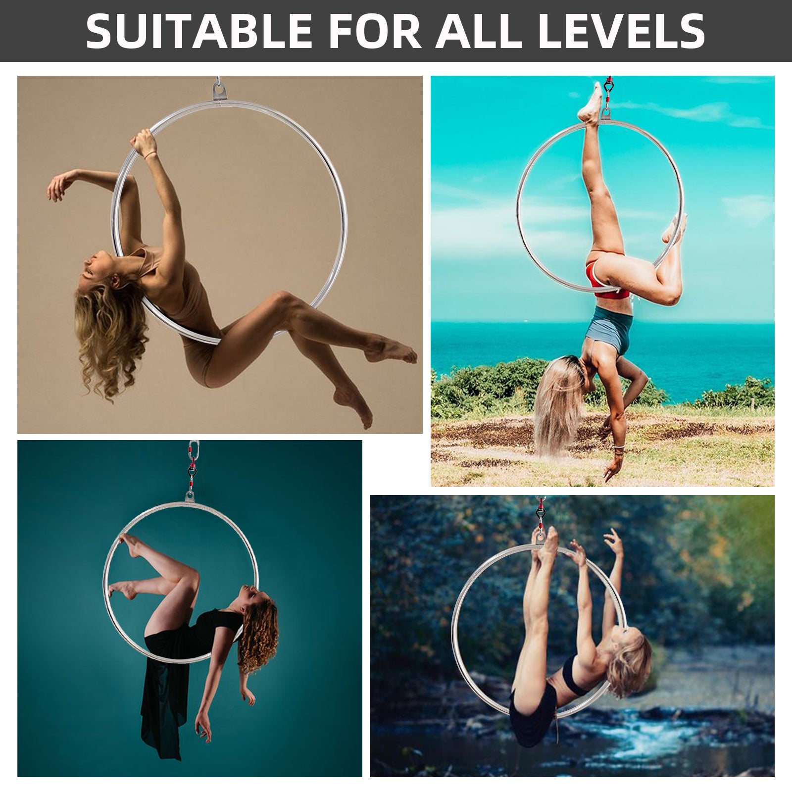 2025 Upgrade Prior Fitness Aerial Hoop Bar Acrobatic Performance Single Tab Sliver & Black Aerial Lyra Hoop Only
