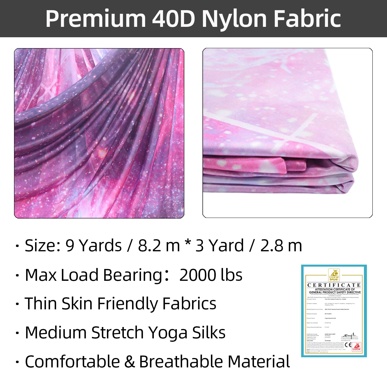 Premium 8.2*2.8 M (9*3 yards) Gradient Color Aerial Yoga Silk Kit Include 1 PC Swivel, 1 PC Figure 8, 1 PC Daisy Chain, 2 PCS Carabiners