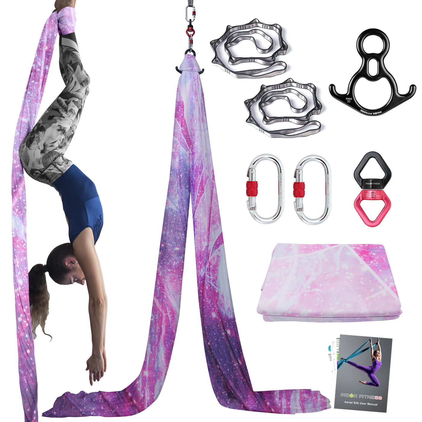 Premium 8.2*2.8 M (9*3 yards) Gradient Color Aerial Yoga Silk Kit Include 1 PC Swivel, 1 PC Figure 8, 1 PC Daisy Chain, 2 PCS Carabiners
