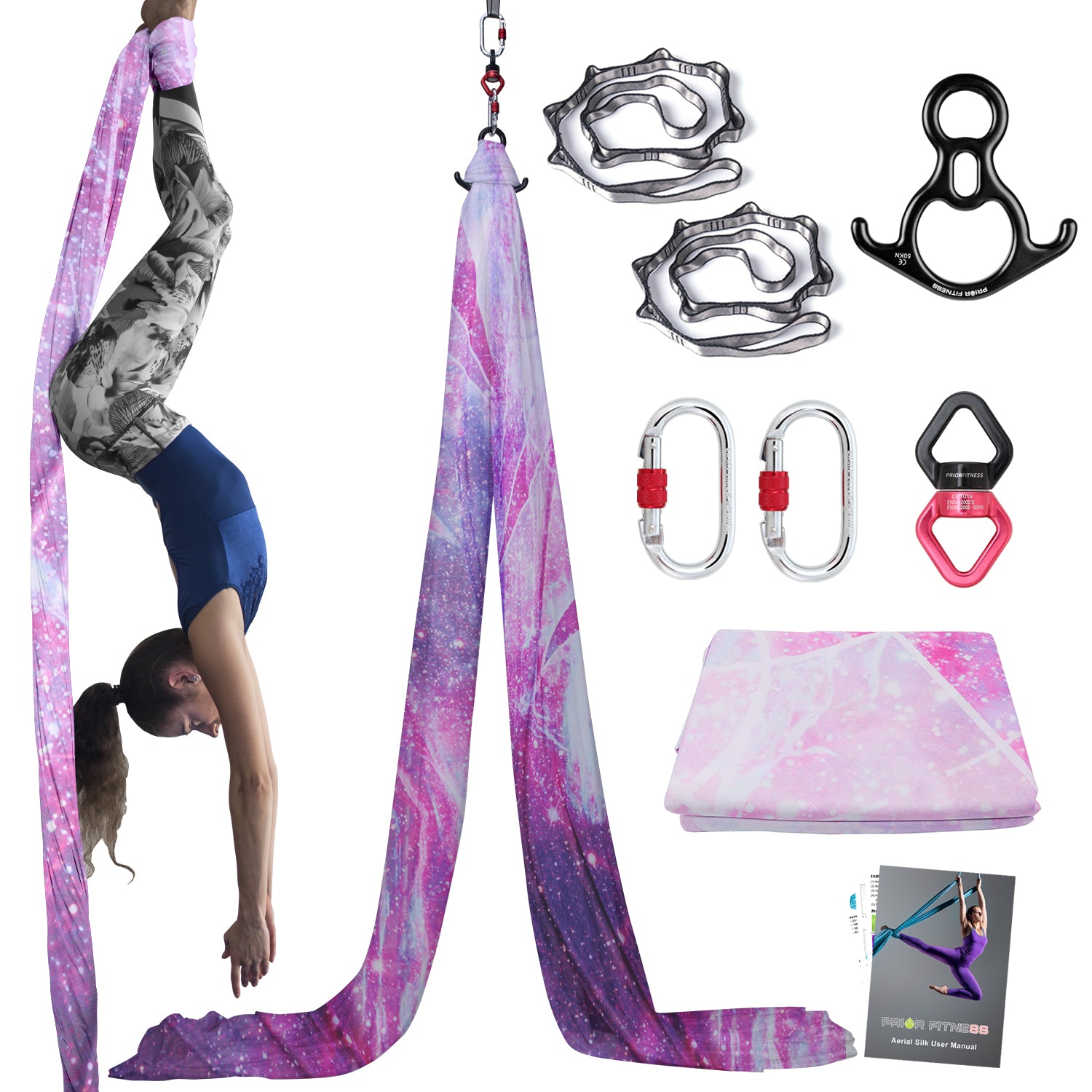 Premium 8.2*2.8 M (9*3 yards) Gradient Color Aerial Yoga Silk Kit Include 1 PC Swivel, 1 PC Figure 8, 1 PC Daisy Chain, 2 PCS Carabiners