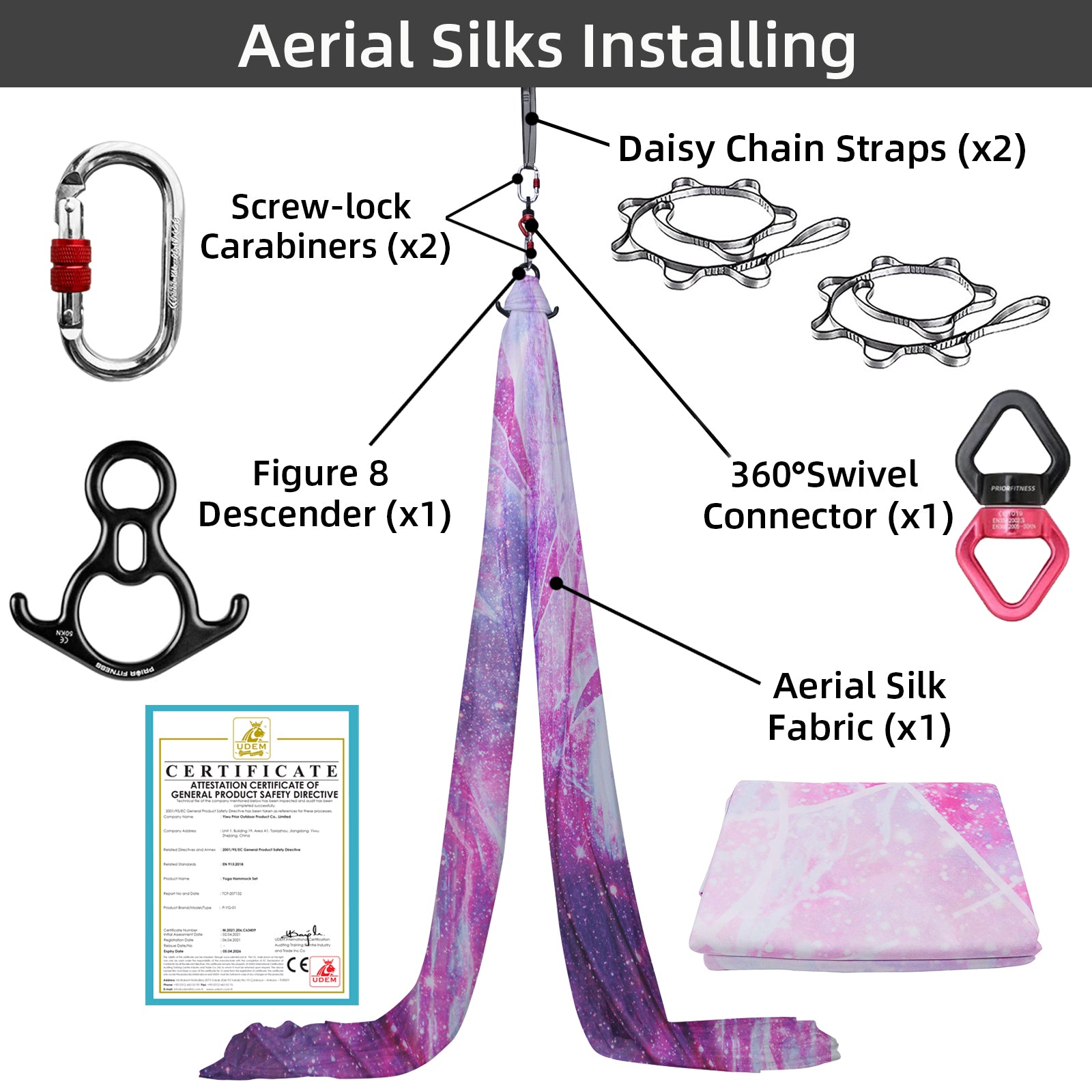 Premium 8.2*2.8 M (9*3 yards) Gradient Color Aerial Yoga Silk Kit Include 1 PC Swivel, 1 PC Figure 8, 1 PC Daisy Chain, 2 PCS Carabiners