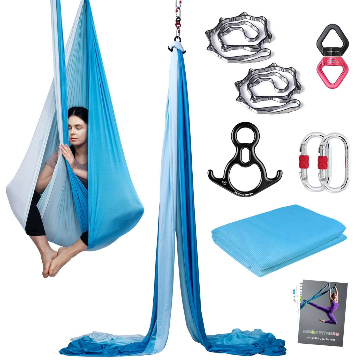 Premium 10*2.8 M (10.9*3 yards) Gradient Yoga Silk Complete Kit 1* Fabric ,1* Swivel, 1 * Figure 8, 1 * Daisy Chain, 2 * Carabiners