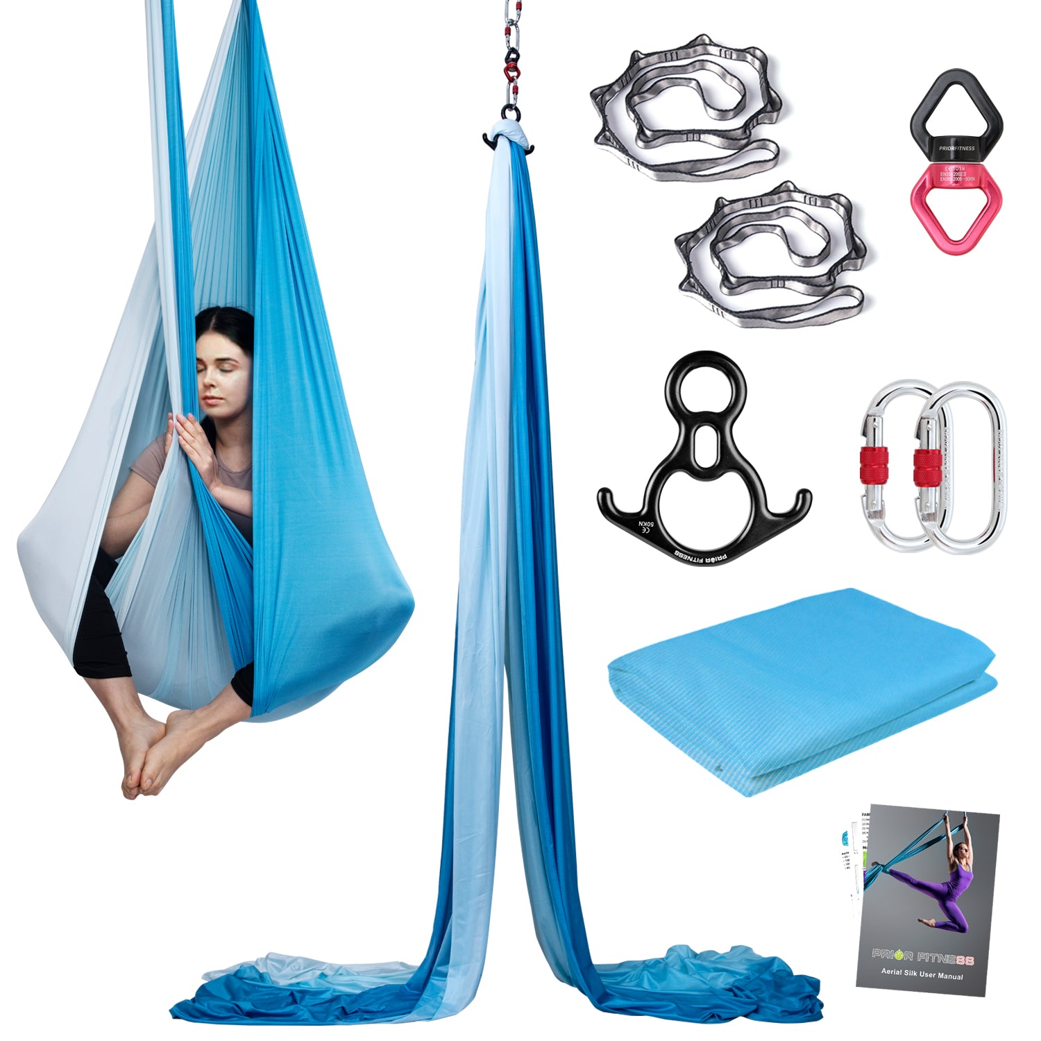 Premium 10*2.8 M (10.9*3 yards) Gradient Yoga Silk Complete Kit 1* Fabric ,1* Swivel, 1 * Figure 8, 1 * Daisy Chain, 2 * Carabiners